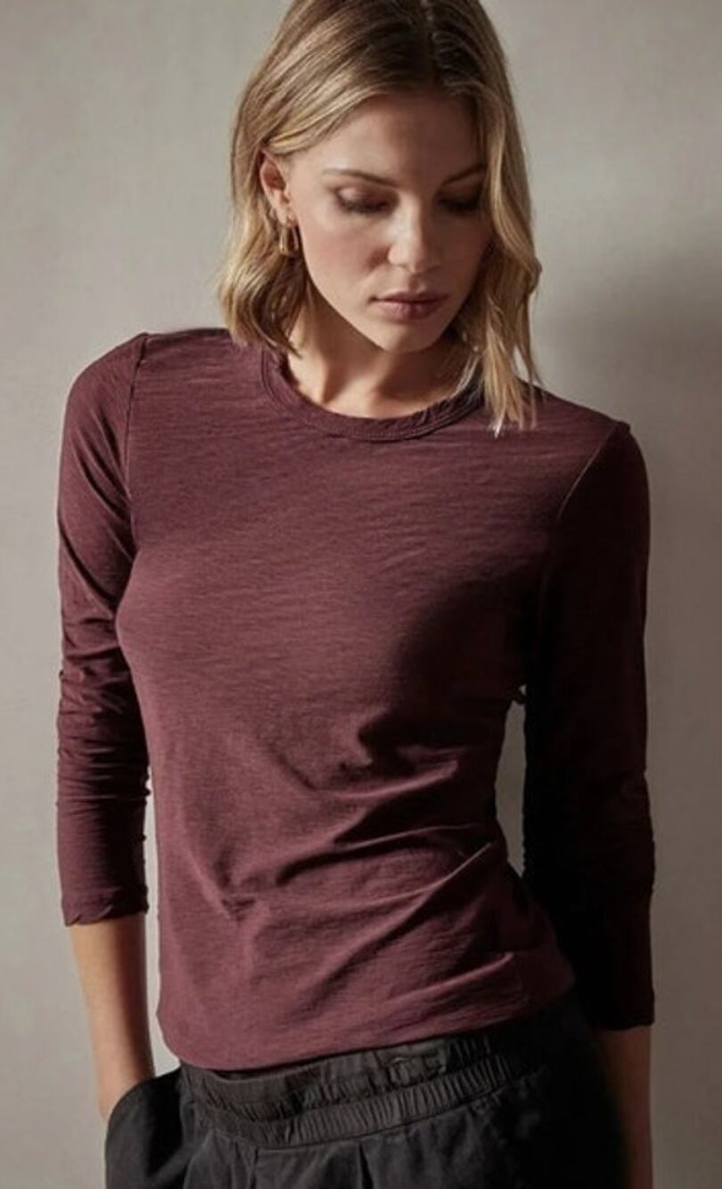 James Perse Womens Sheer Slub Burgundy Long Sleeve Crew Size 2